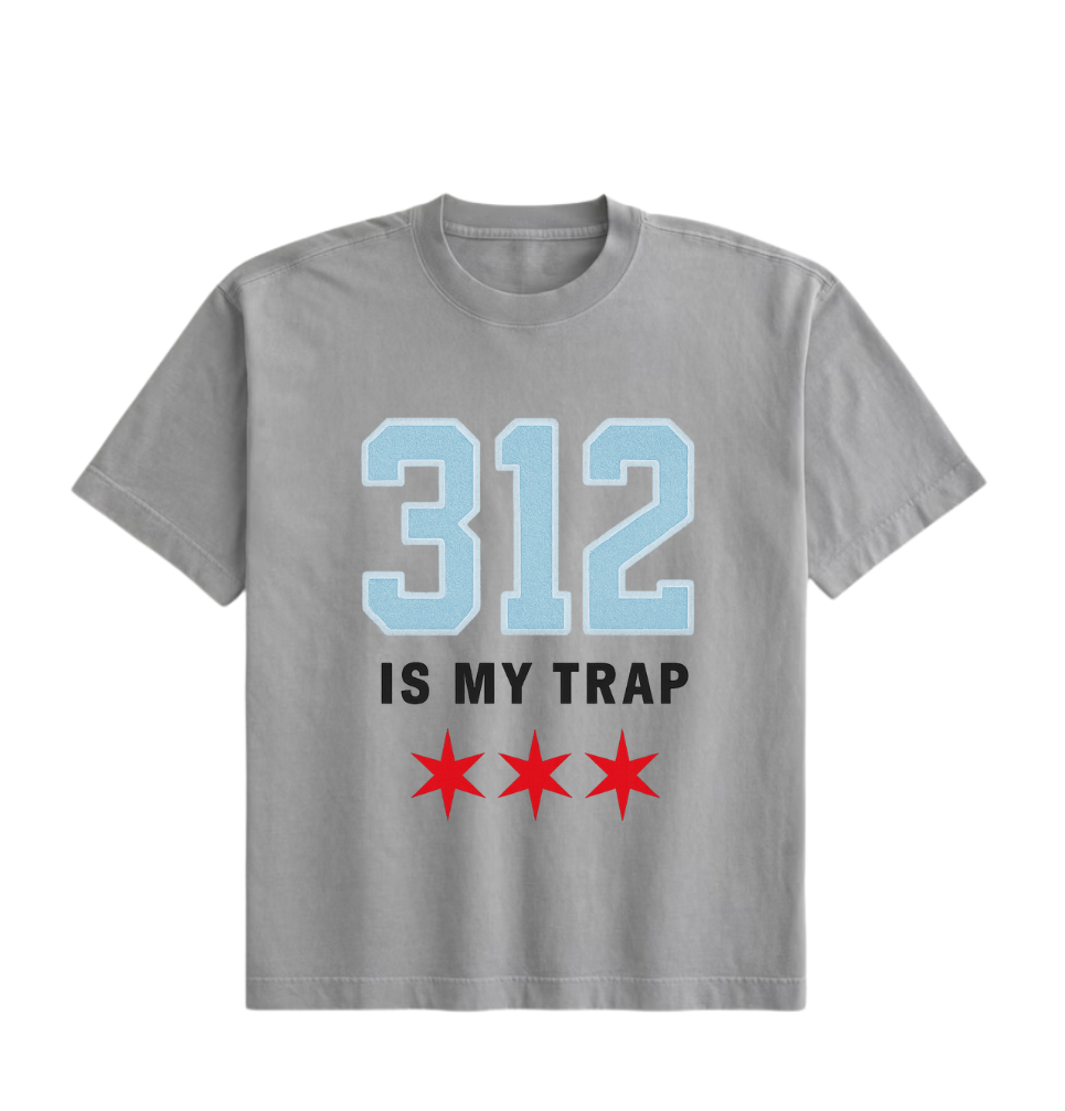Gray oversized streetwear t-shirt with bold 312 IS MY TRAP puff print design, Chicago streetwear edition, premium cotton, limited release
