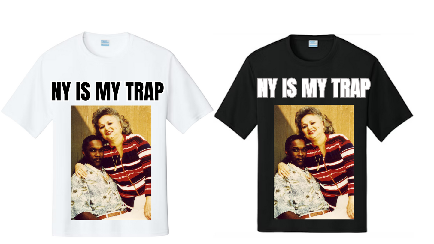 Black and white t-shirt with a graphic of griselda blanco and Charles Crosby and 'NY IS MY TRAP' text on a white background