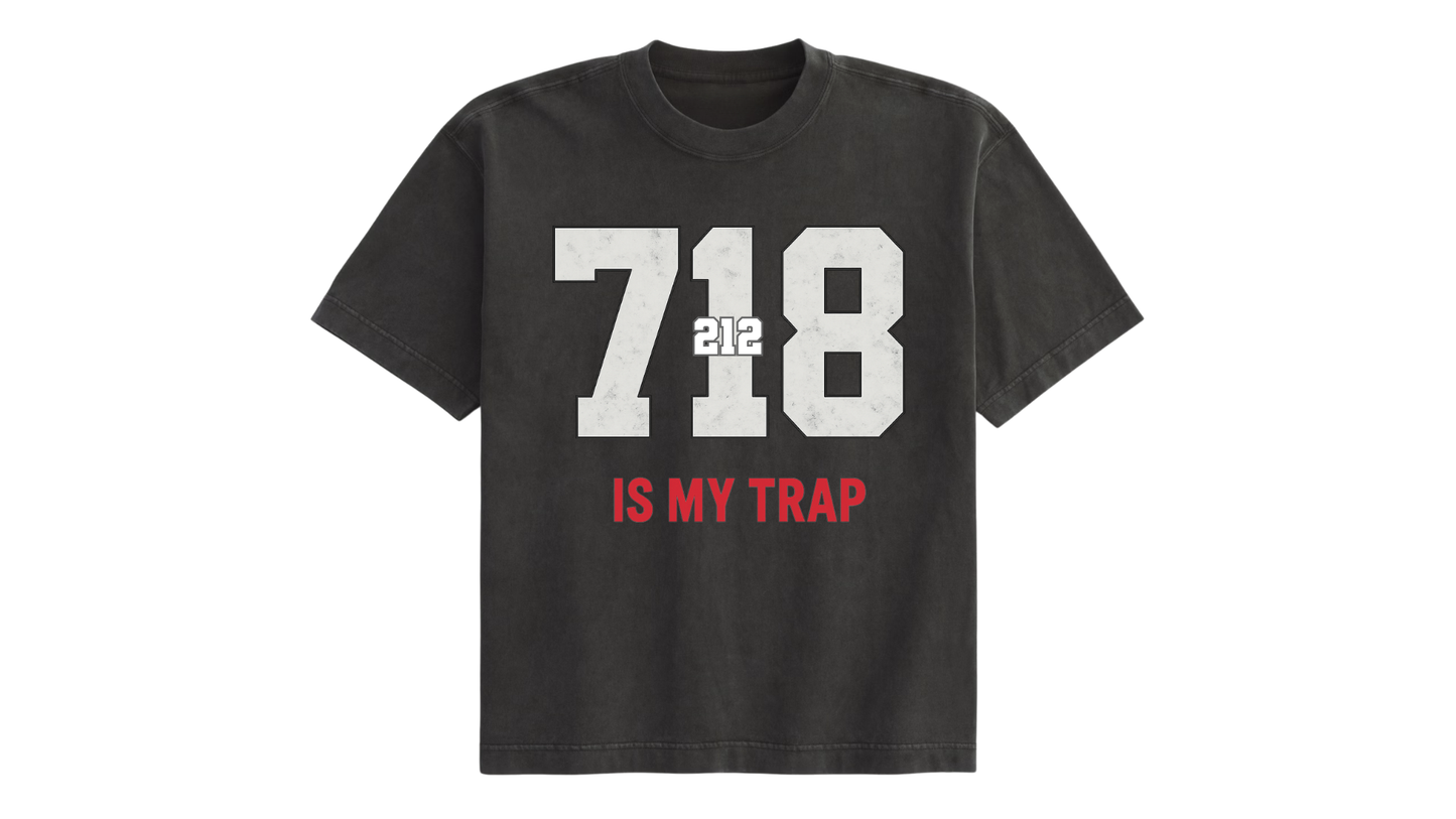 black 718 area code t-shirt with '718 is my trap' text on a white background