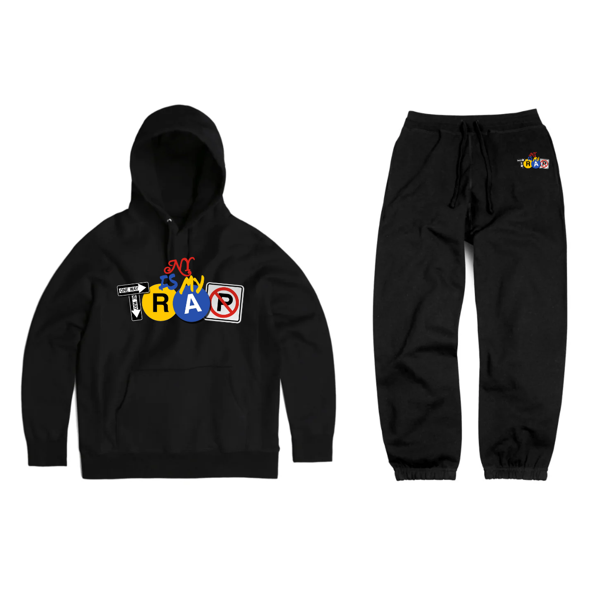 NY IS MY TRAP logo black sweatsuit hoodie and jogger set – NYC streetwear