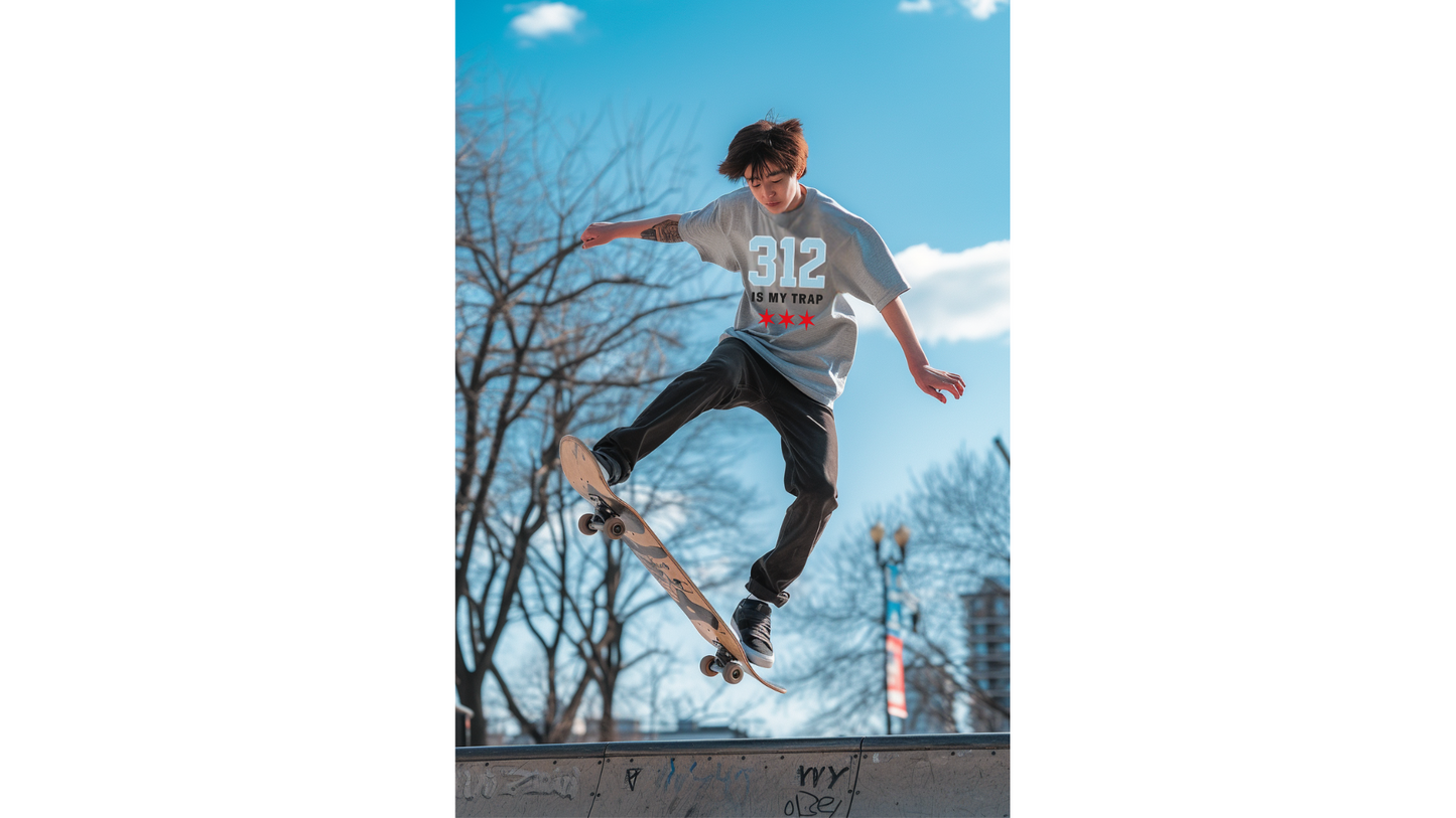 skateboarder wearing Gray oversized streetwear t-shirt with bold 312 IS MY TRAP puff print design, Chicago streetwear edition, premium cotton, limited release