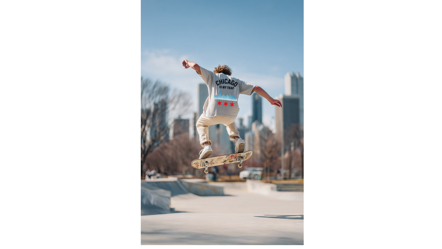 skateboarder wearing Gray oversized streetwear t-shirt with bold 312 IS MY TRAP puff print design, Chicago streetwear edition, premium cotton, limited release