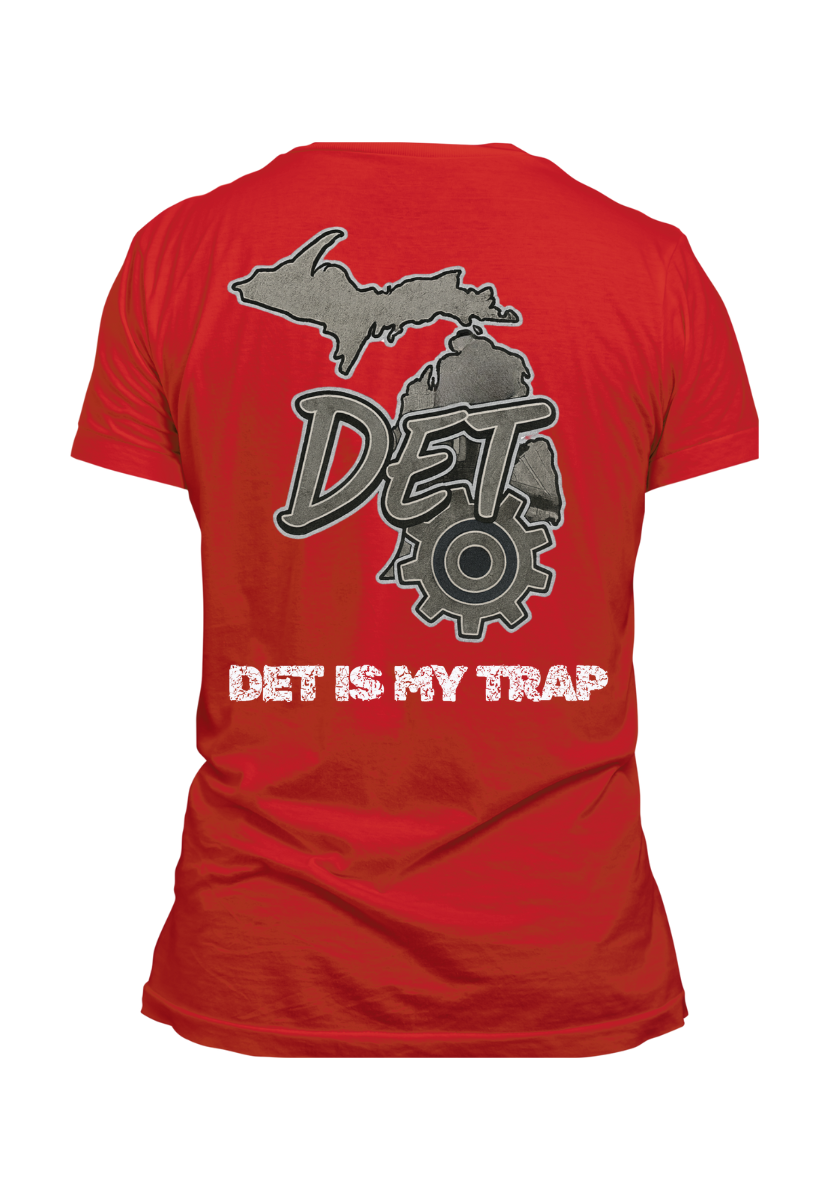Red t-shirt with det is my trap gray graphic and text
