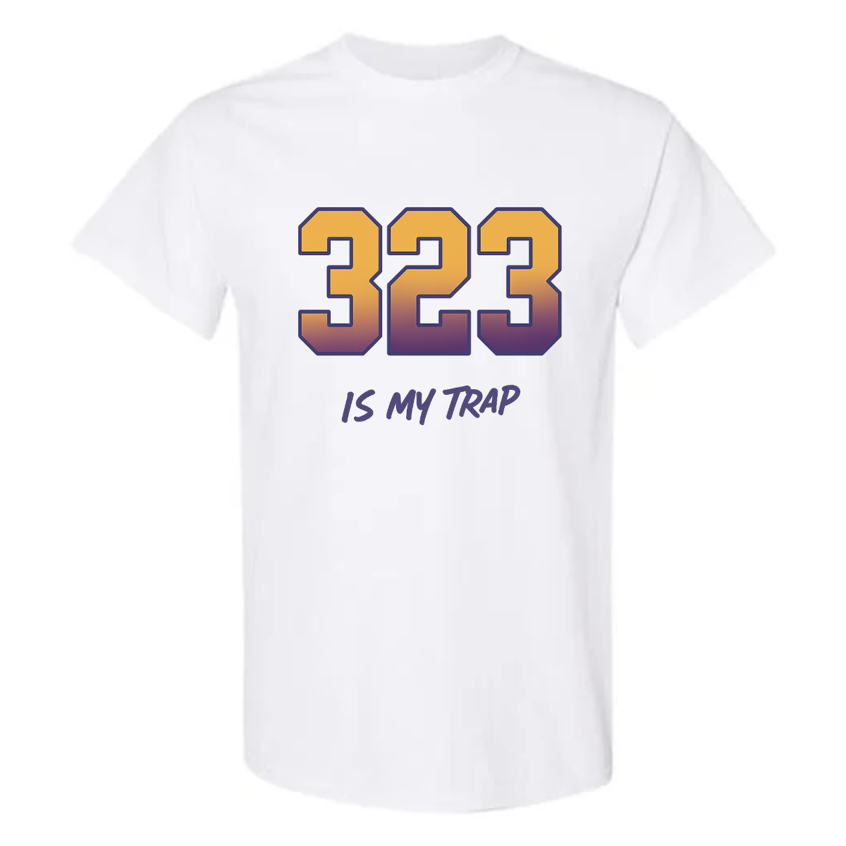 White 323 t-shirt with gradient '323 is my trap' text