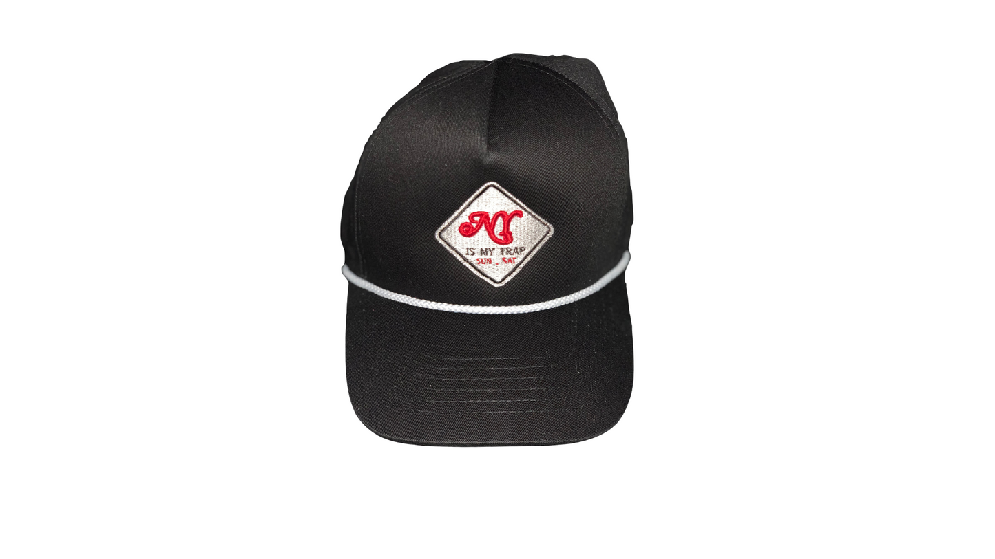 black snapback with a white embroidered ny is my trap sun-sat logo