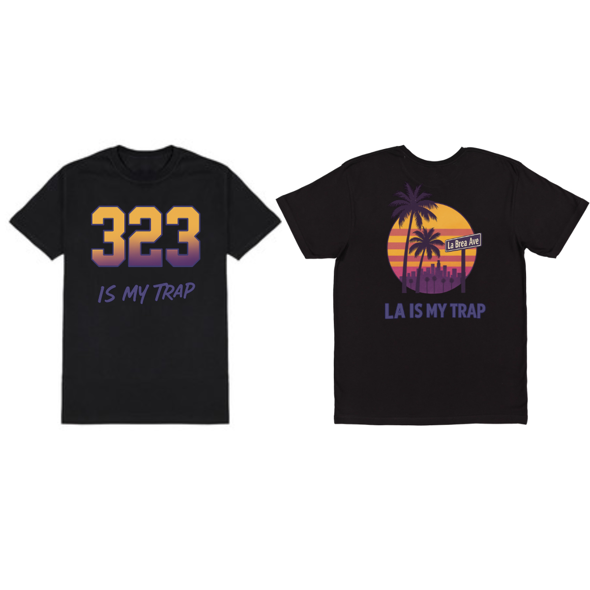 Black 323 area code t-shirt with '323 is my trap' and 'LA is my trap' design text