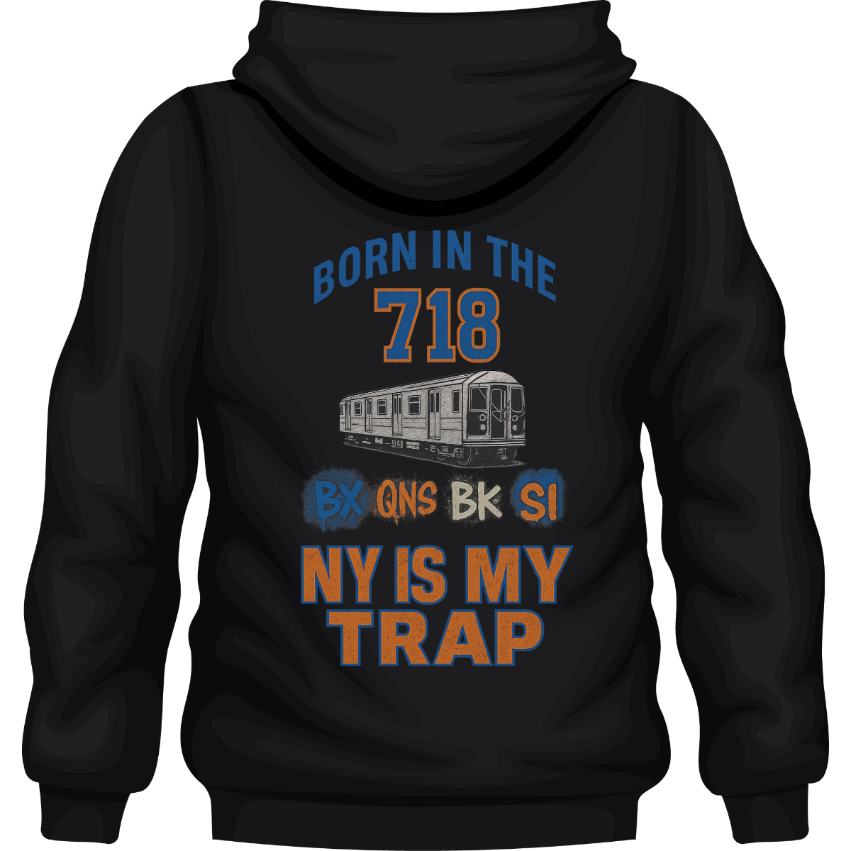 black 718 hoodie NY streetwear, 718 area code hoodie, NY IS MY TRAP black hoodie