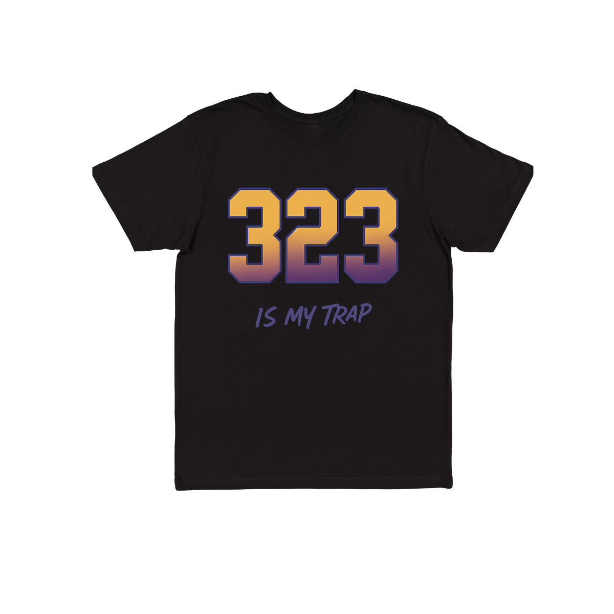 Black 323 t-shirt with gradient '323 is my trap' text