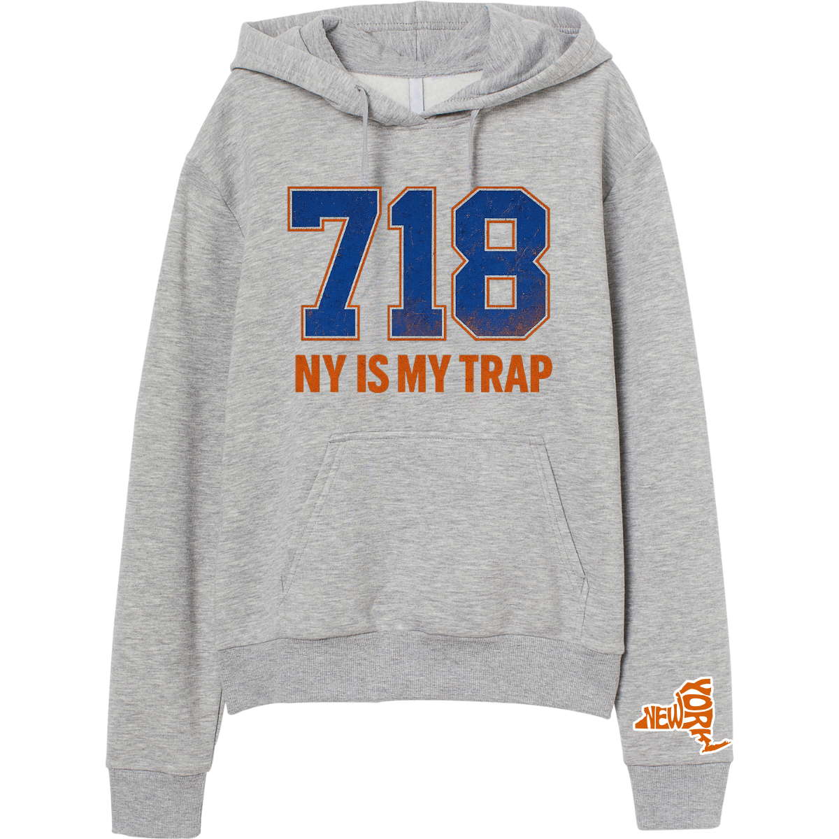 Gray 718 area code hoodie with blue and orange ny is my trap text by ny is my trap
