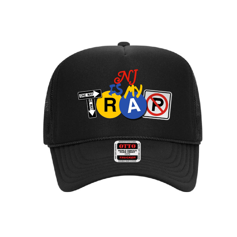 black trucker hat with colorful embroidered ny is my trap logo text and street symbols on on hat
