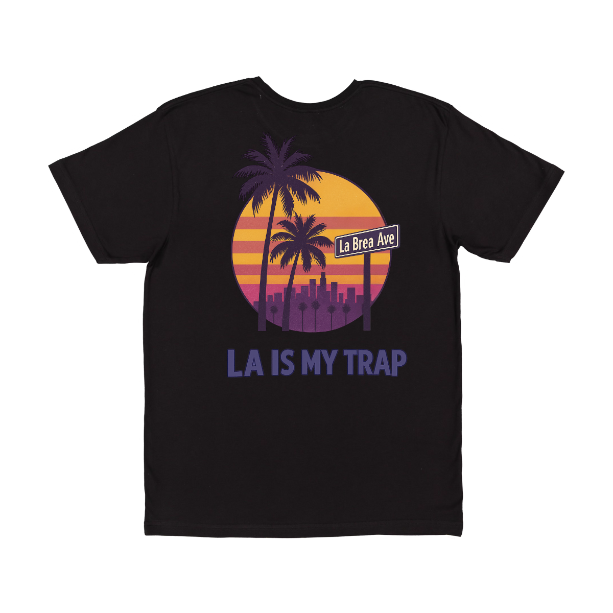 Black 323 t-shirt with a colorful graphic and LA IS MY TRAP text