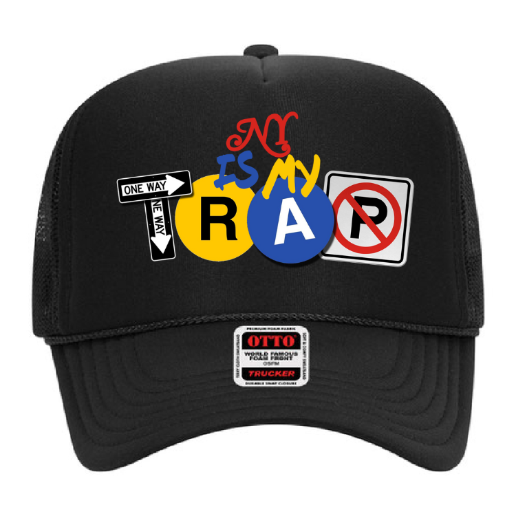 black trucker hat with colorful embroided ny is my trap logo
