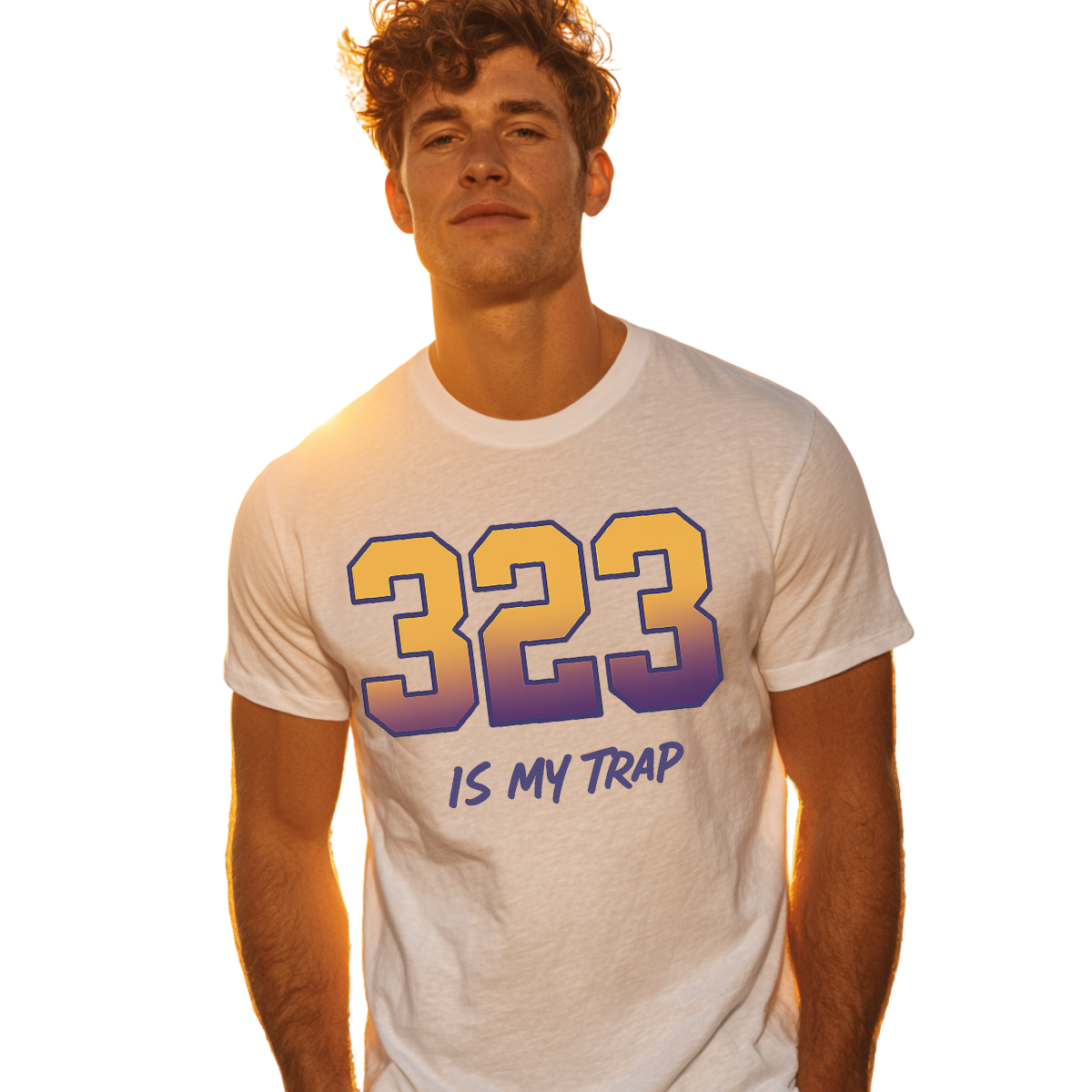 Man wearing a white 323 t-shirt with '323 is my trap' text on a white background