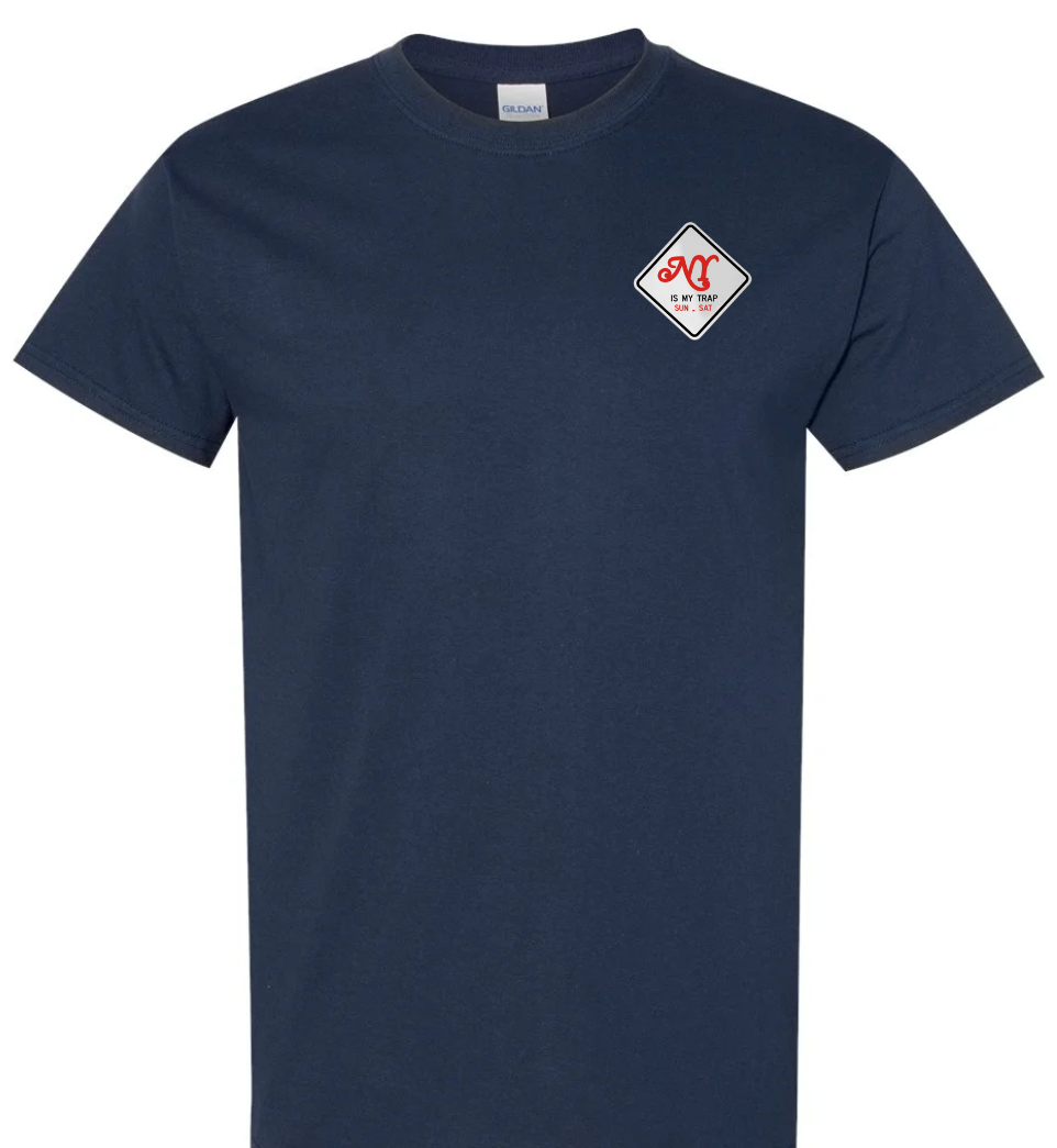 navy blue t-shirt with ny is my trap sun-sat embroidered patch on front and graphic design on back, featuring money and ATM machine imagery. everyday is pay day t shirt