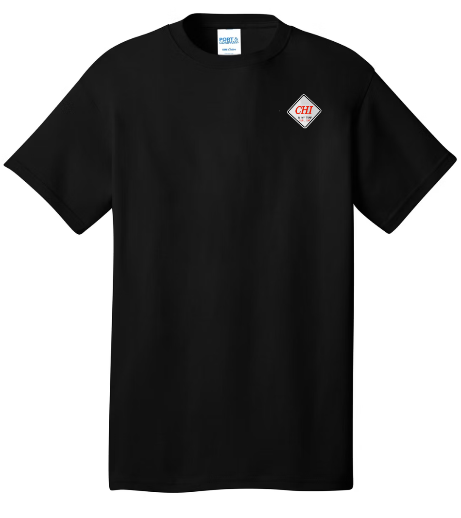black t-shirt with embroidered chi is my trap sun-sat logo in an urban setting