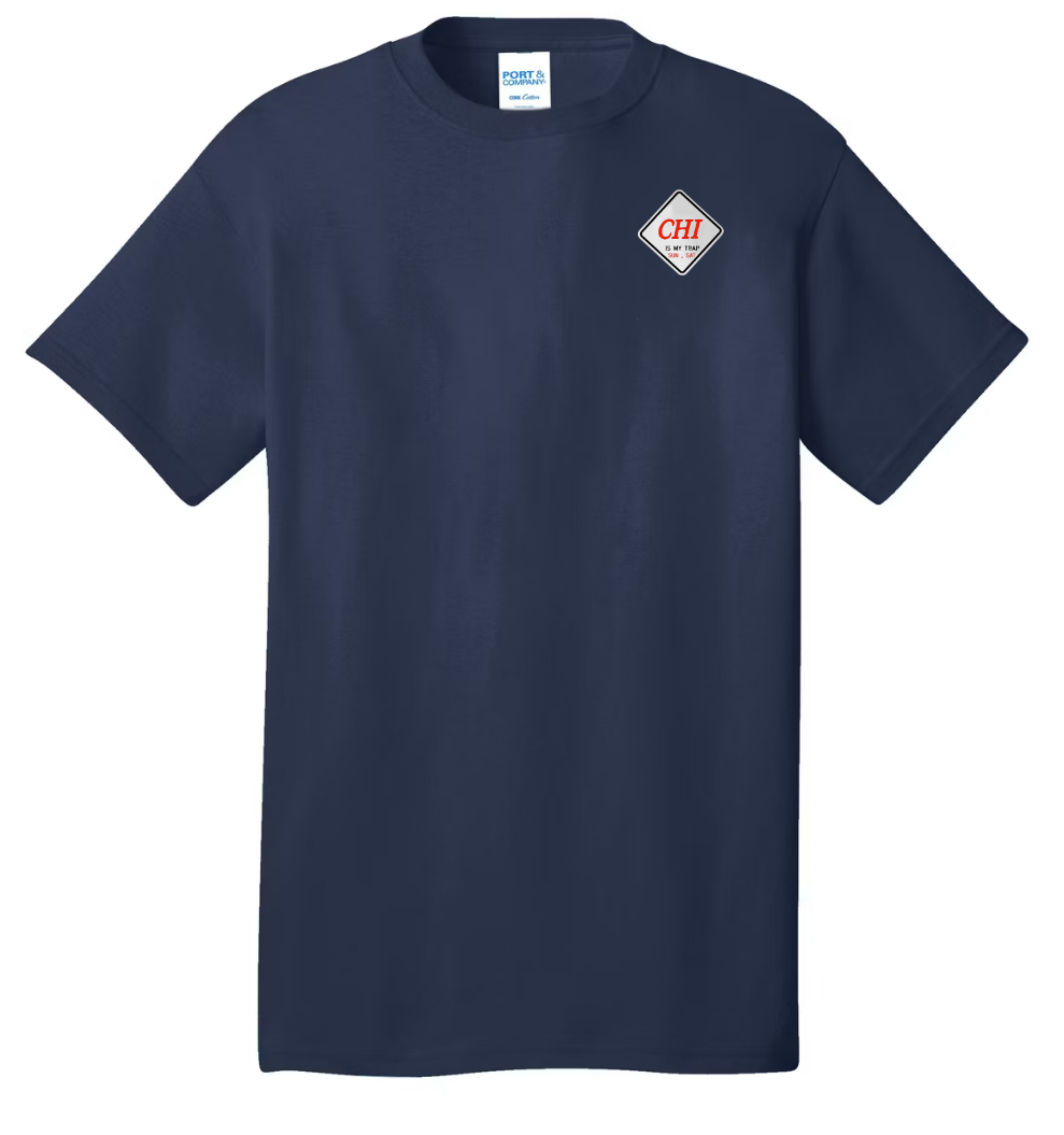 navy blue t-shirt with embroidered chi is my trap sun-sat logo in an urban setting