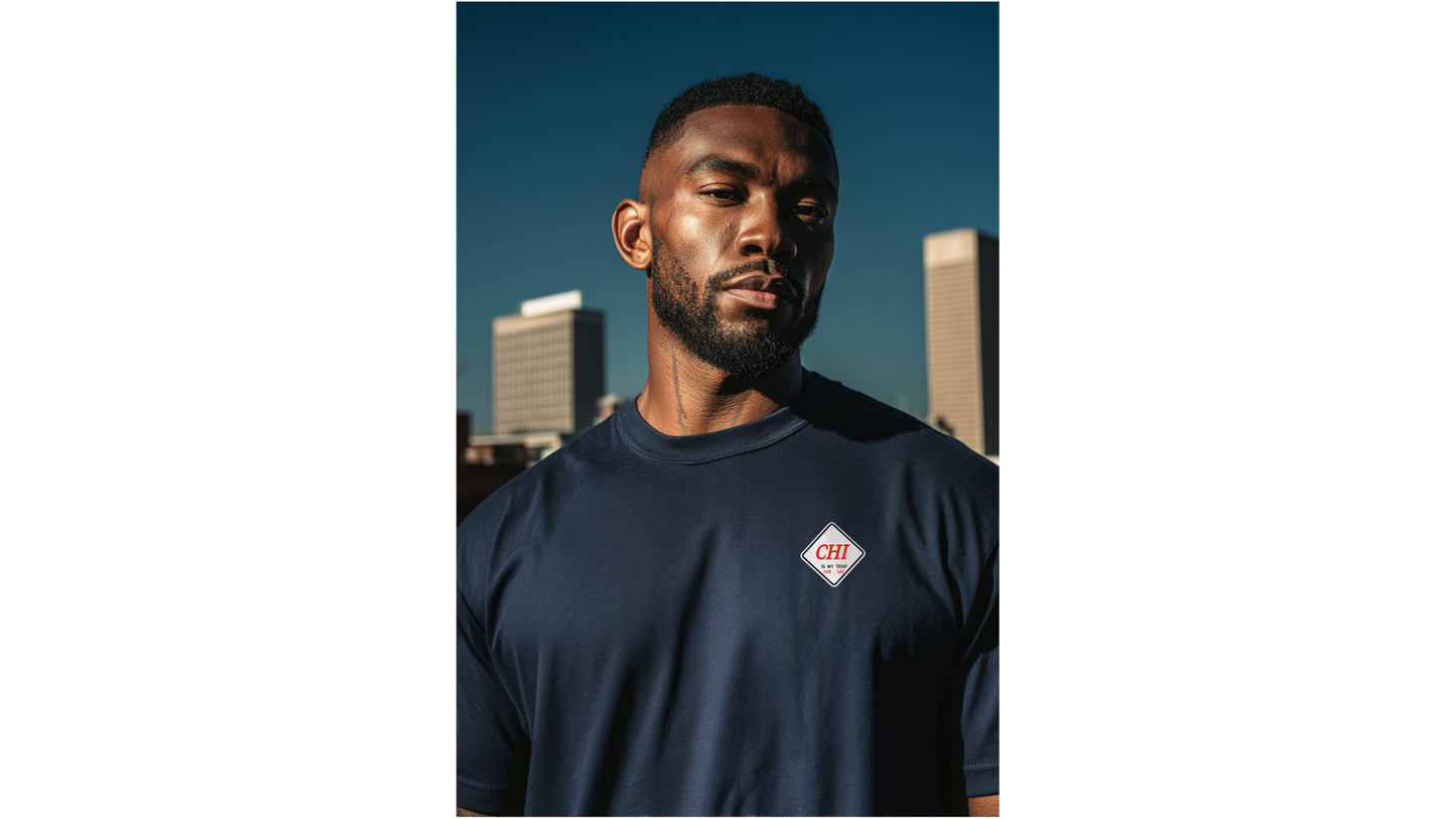 Man wearing navy blue t-shirt with embroidered chi is my trap sun-sat logo in an urban setting