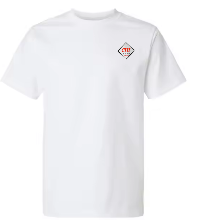 white t-shirt with embroidered chi is my trap sun-sat logo in an urban setting