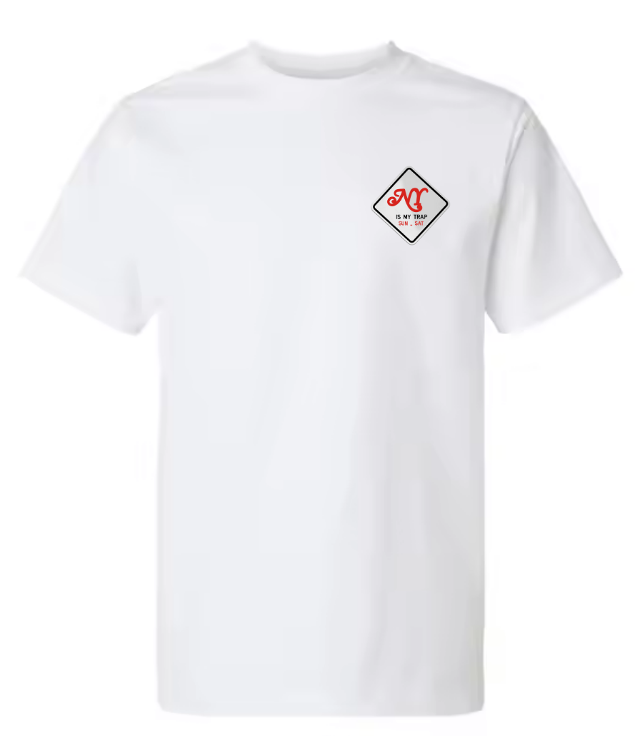 White t-shirt with ny is my trap sun-sat embroidered patch on front and graphic design on back, featuring money and ATM machine imagery. everyday is pay day t shirt