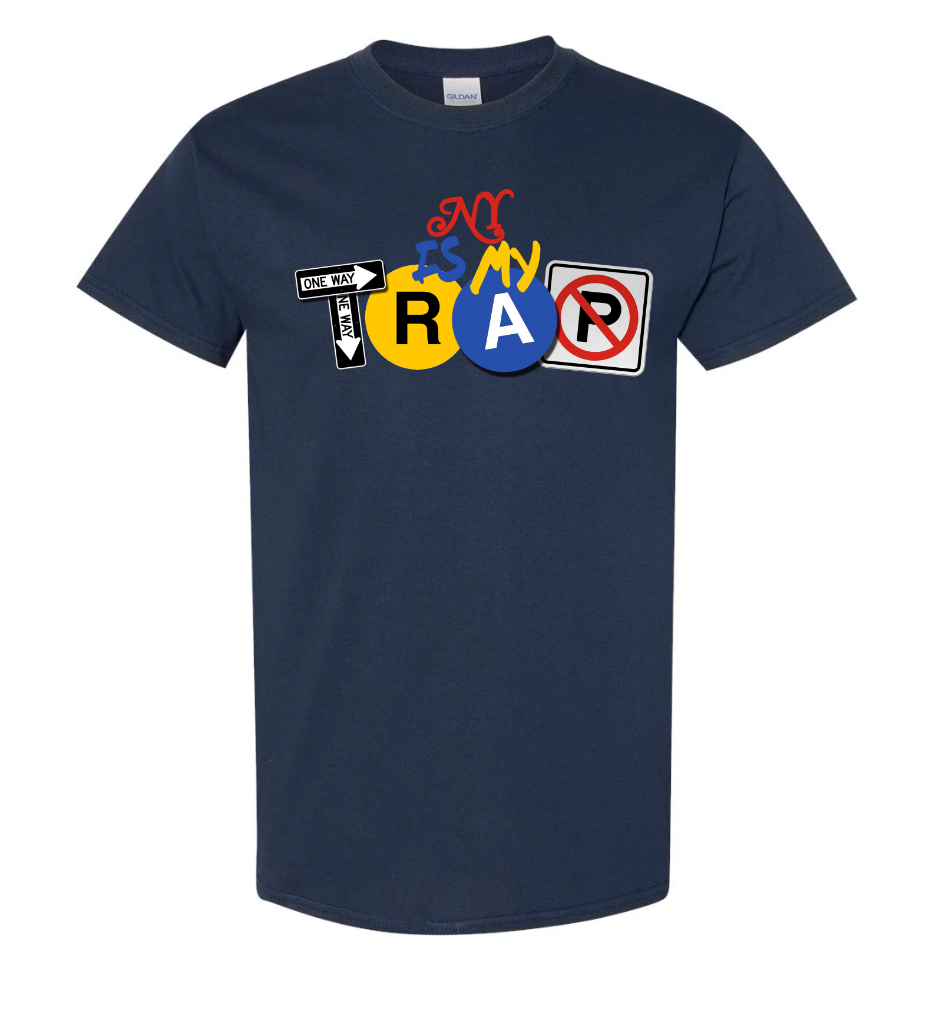 Navy blue t-shirt with ny is my trap colorful graphic design on a white background