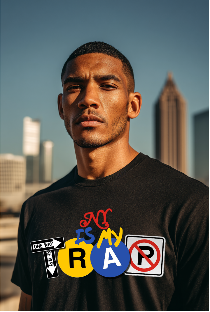 Man wearing a black streetwear t-shirt with ny is my trap text and colorful graphics in an urban setting