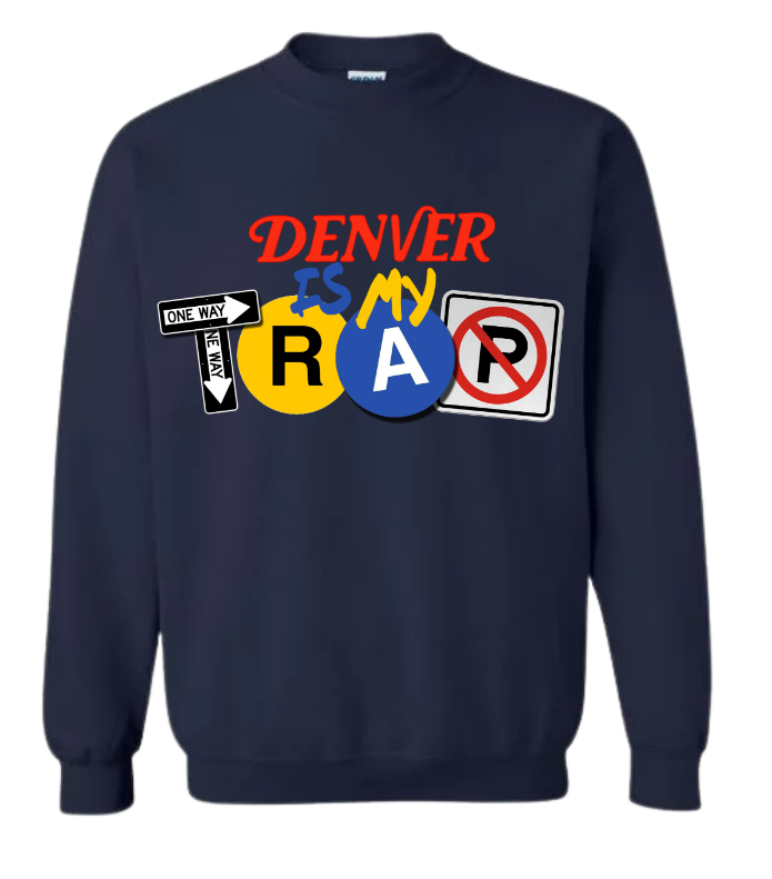 navy blue crew neck with ny is my trap logo