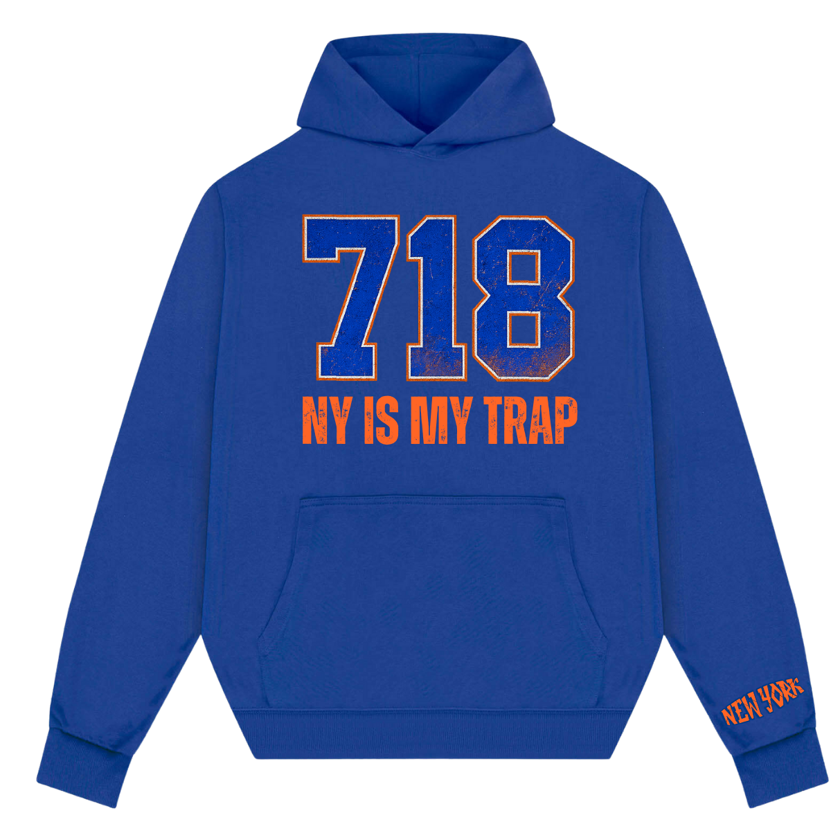 blue 718 hoodie with ny is my trap text by ny is my trap