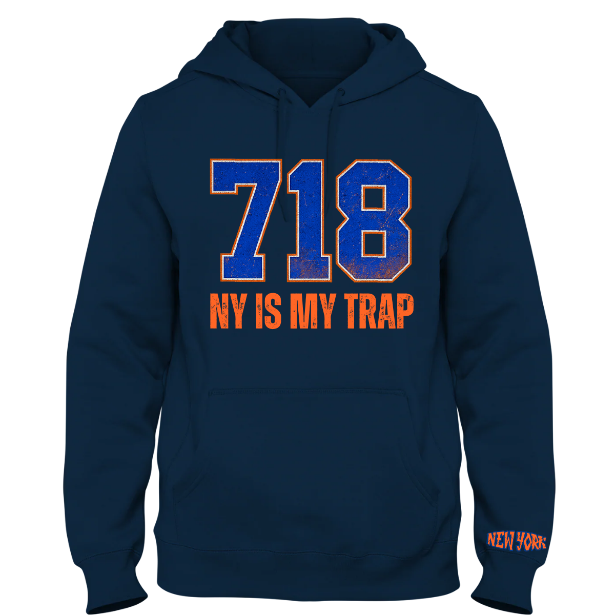 blue 718 hoodie with ny is my trap text by ny is my trap