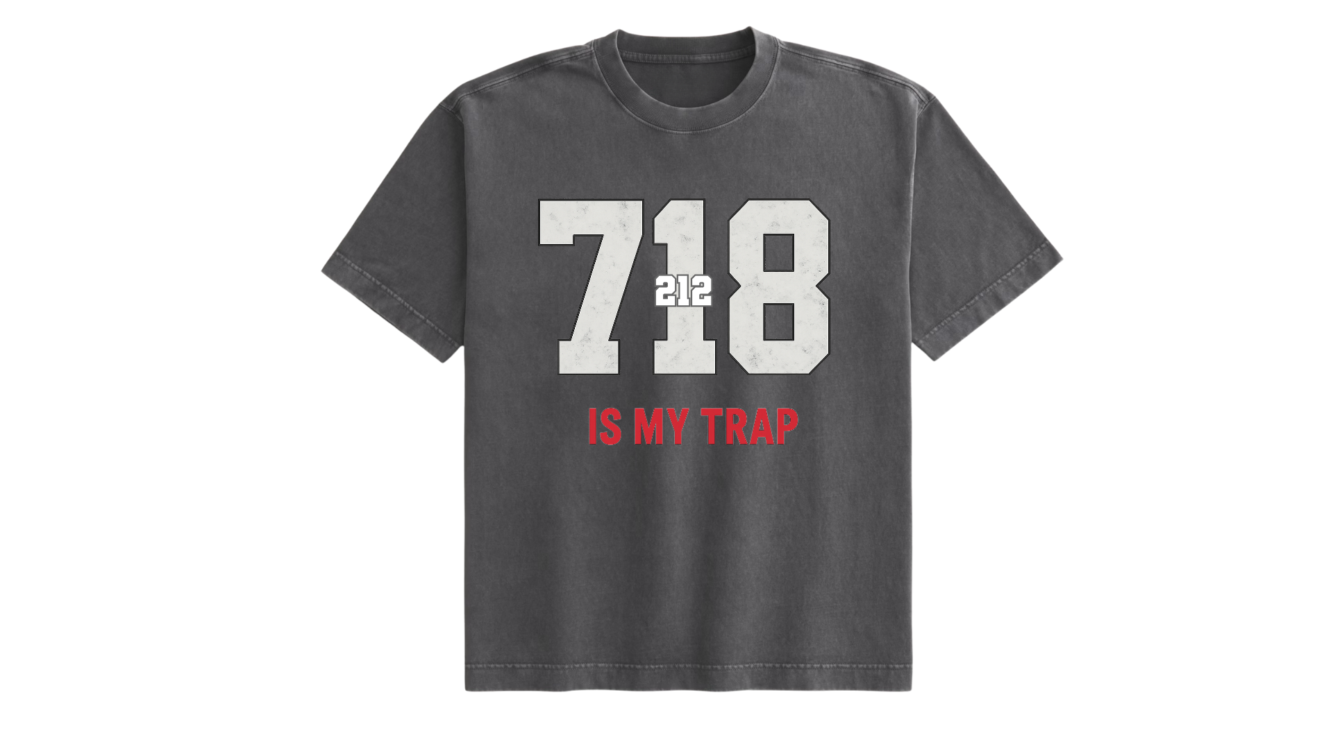 Gray 718 area code t-shirt with '718 is my trap' text