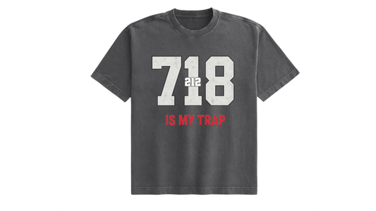 Gray 718 area code t-shirt with '718 is my trap' text
