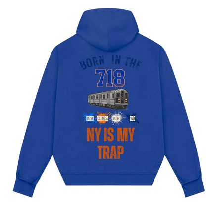 blue 718 hoodie with ny is my trap text by ny is my trap