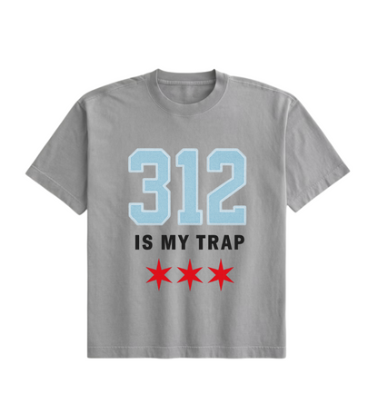 Gray oversized streetwear t-shirt with bold 312 IS MY TRAP puff print design, Chicago streetwear edition, premium cotton, limited release