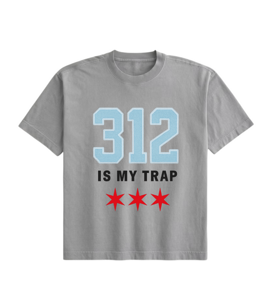 Gray oversized streetwear t-shirt with bold 312 IS MY TRAP puff print design, Chicago streetwear edition, premium cotton, limited release