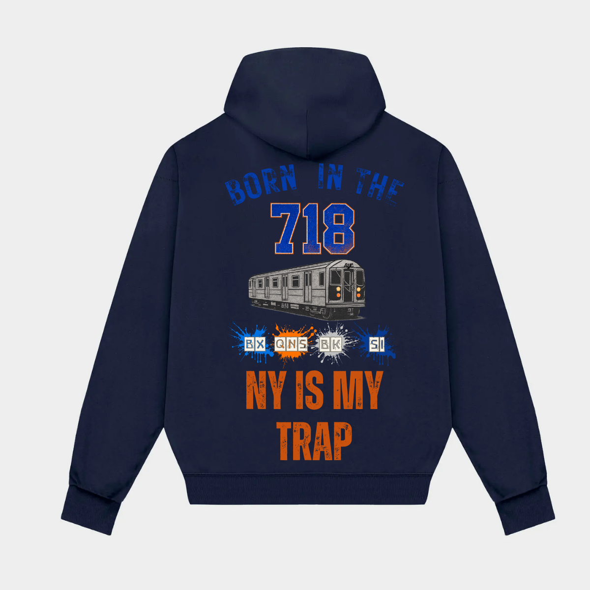 navy blue 718 hoodie with ny is my trap text by ny is my trap