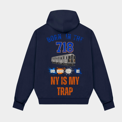 navy blue 718 hoodie with ny is my trap text by ny is my trap