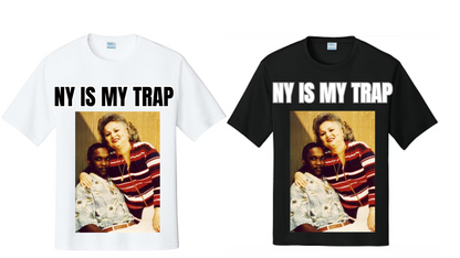 Black and white  t-shirt with a graphic of griselda blanco and Charles Crosby  and 'NY IS MY TRAP' text on a white background