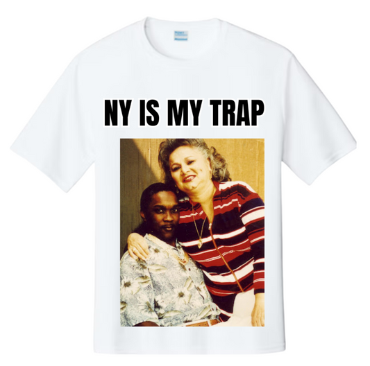 white t-shirt with a graphic ofgriselda blanco and Charles Crosby  and 'NY IS MY TRAP' 