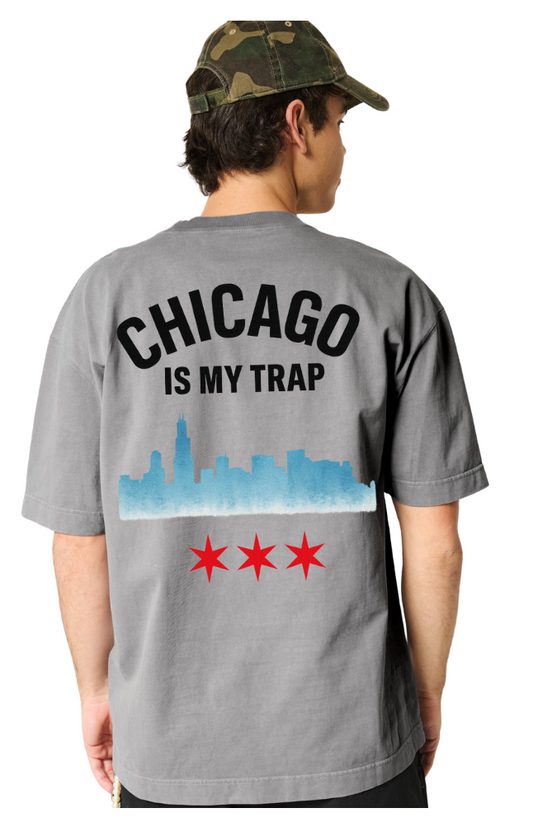 Gray oversized streetwear t-shirt with bold CHICAGO IS MY TRAP puff print design, Chicago streetwear edition, premium cotton, limited release