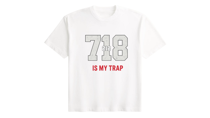 white 718 area code t-shirt with '718 is my trap' text on a white background