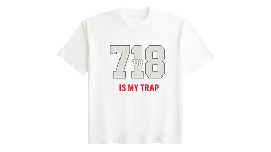 white 718 area code t-shirt with '718 is my trap' text on a white background