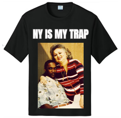 Black t-shirt with a graphic ofgriselda blanco and Charles Crosby  and 'NY IS MY TRAP' text 