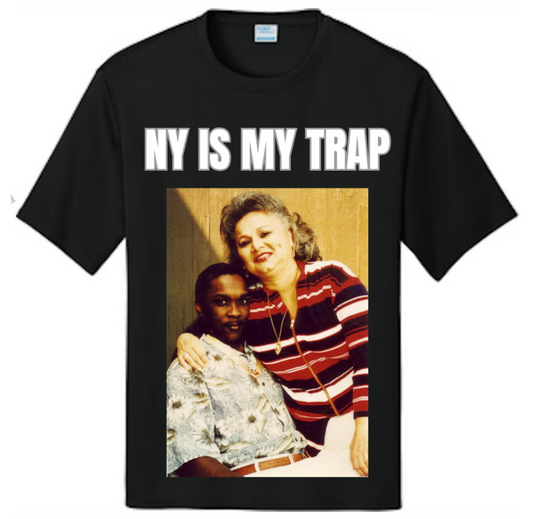 Black t-shirt with a graphic ofgriselda blanco and Charles Crosby  and 'NY IS MY TRAP' text 