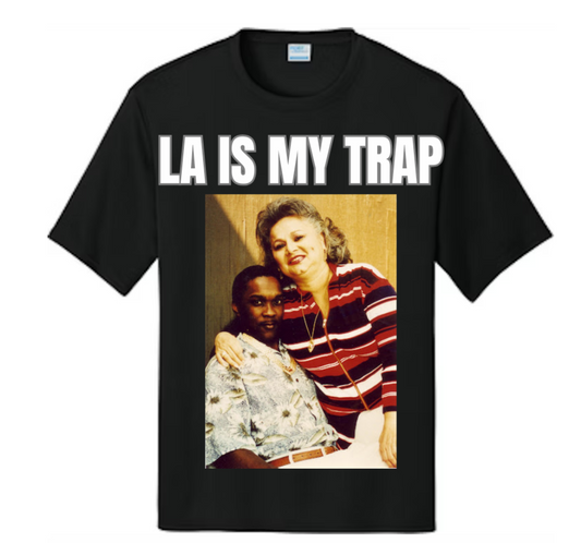 Black t-shirt with a graphic of griselda blanco and Charles Crosby  and 'LA IS MY TRAP' text 