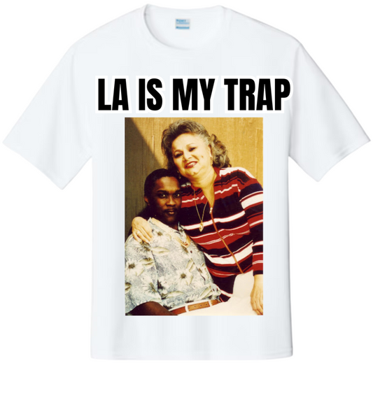 white t-shirt with a graphic of griselda blanco and Charles Crosby  and 'LA IS MY TRAP' text 