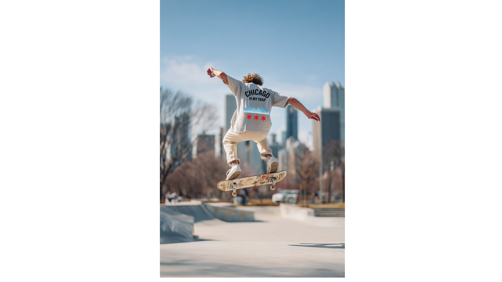 skateboarder wearing Gray oversized streetwear t-shirt with bold 312 IS MY TRAP puff print design, Chicago streetwear edition, premium cotton, limited release