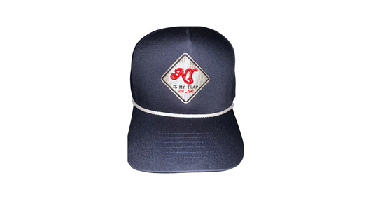 navy blue snapback with a white embroidered ny is my trap sun-sat logo