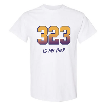 White 323 t-shirt with gradient '323 is my trap' text