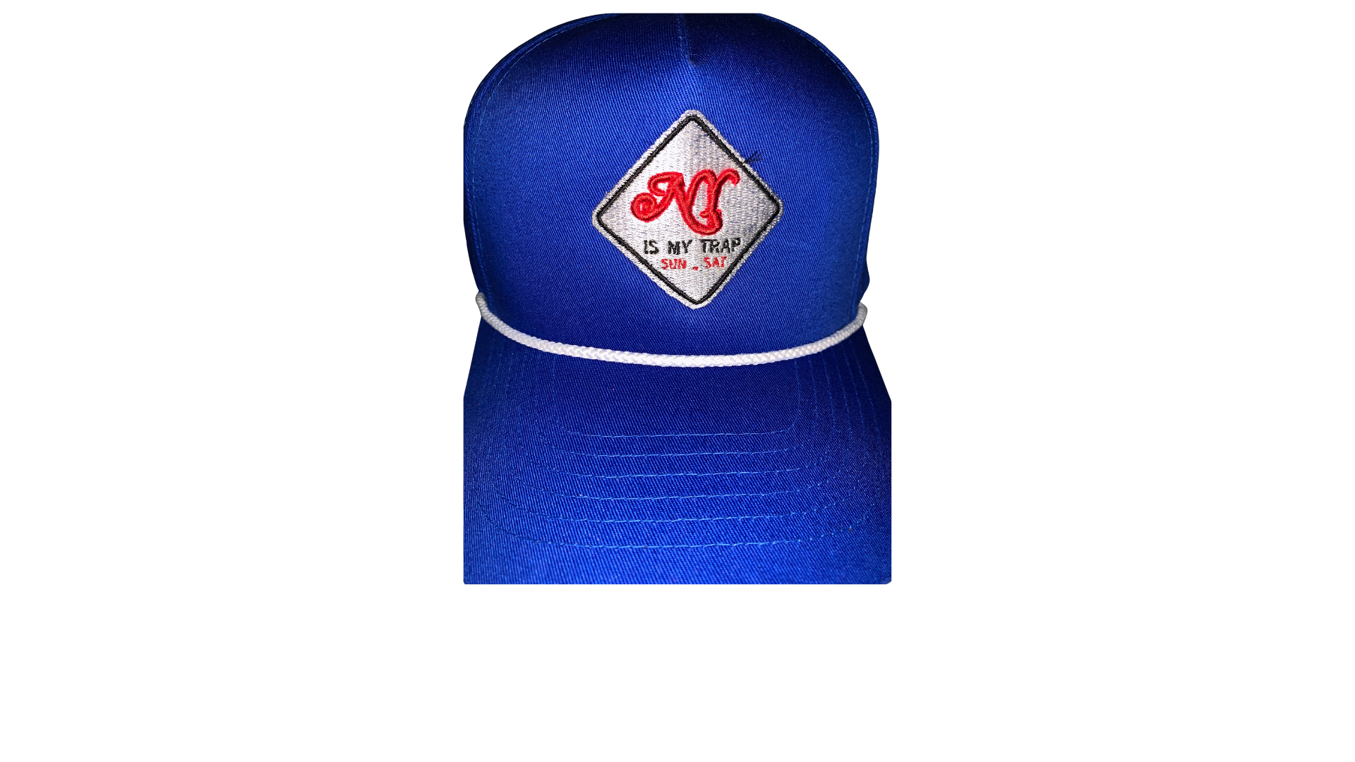 royal blue snapback with a white embroidered ny is my trap sun-sat logo