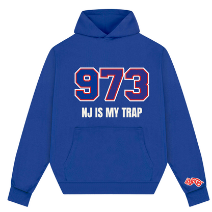 royal Blue 973 area code hoodie with '973 NJ IS MY TRAP' text by ny is my trap, nj streetwear