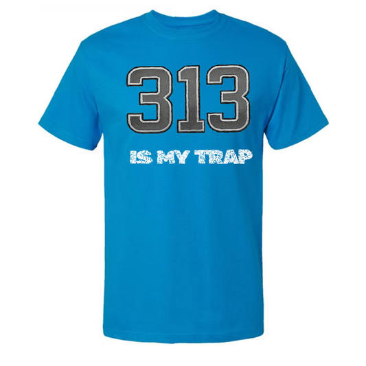 Blue 313 area code t-shirt with '313 is my trap' text